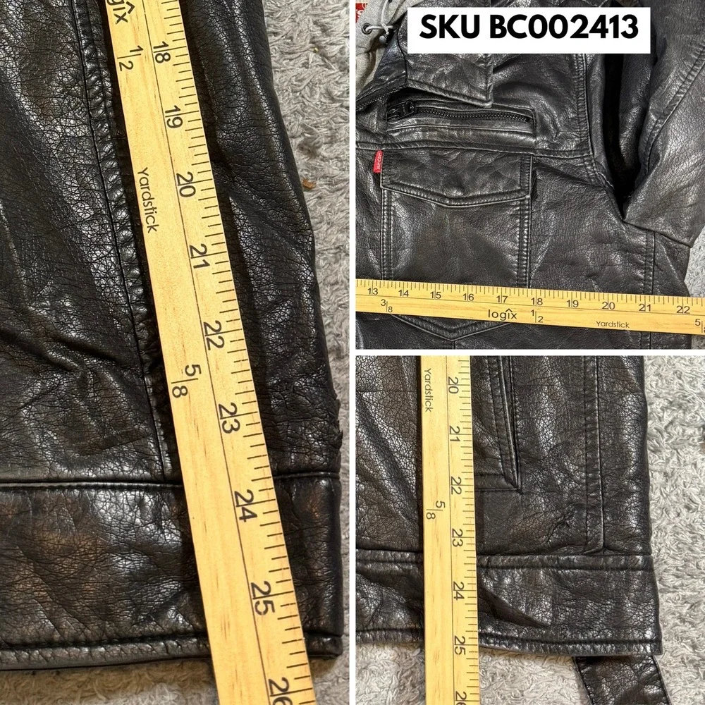 Levi's Mens Faux Leather Hooded Jacket Medium Black Faux Fur Lined Moto Coat